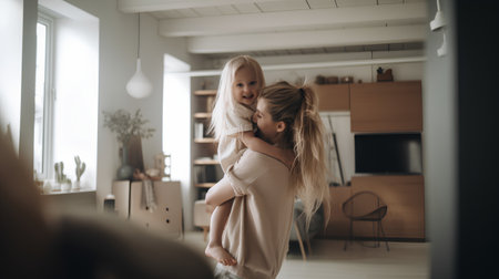 Mother and daughter hugging in the living room at home. Happy family concept.の素材