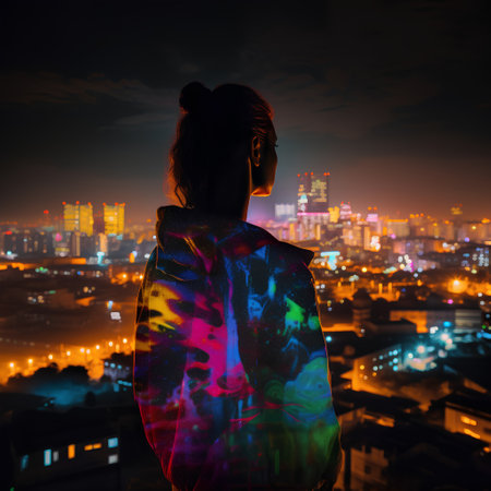 Silhouette of a young woman looking at the city at nightの素材