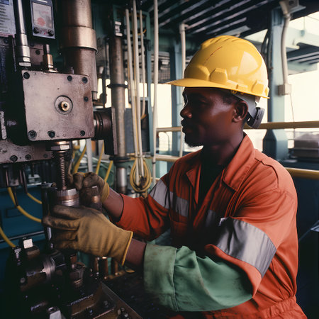 Engineer working on machine in oil and gas factory. Young African man in safety helmet and goggles working on industrial equipment.の素材