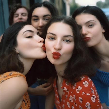 Group of beautiful young women with bright makeup and hairstyle in the cityの素材