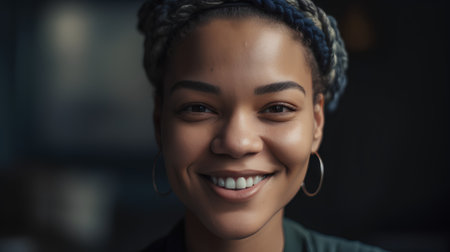 Close up portrait of beautiful african american woman smiling at cameraの素材