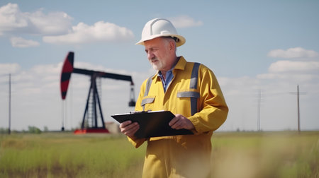 Senior oil engineer in a field with a clipboard and a pump in the backgroundの素材