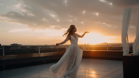 Beautiful bride in white wedding dress on the roof of the building at sunsetの素材
