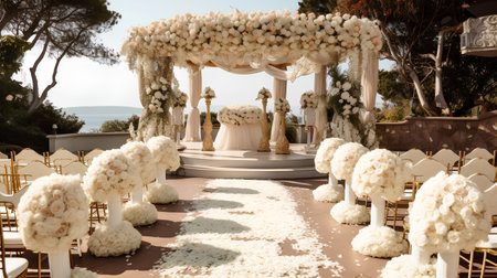Wedding arch decorated with white flowers. Wedding ceremony on the beachの素材