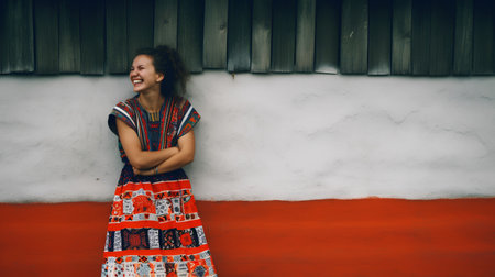 Portrait of a beautiful young woman wearing traditional dress standing against the wallの素材