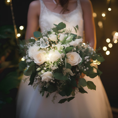 wedding bouquet of white roses in the hands of the brideの素材