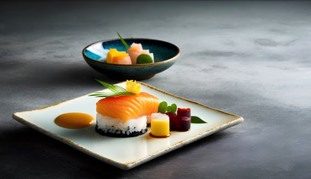 Sushi set on a white plate on a dark background. Japanese foodの素材