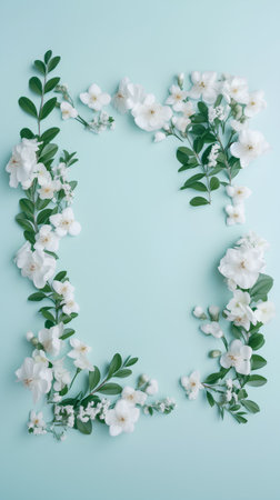 Flowers composition. Frame made of white jasmine flowers on pastel blue background. Flat lay, top view, copy spaceの素材