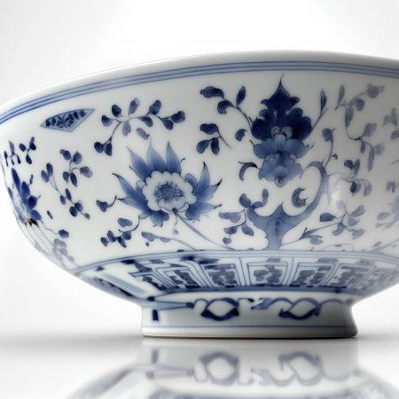 Blue and white porcelain bowl with floral pattern on white backgroundの素材