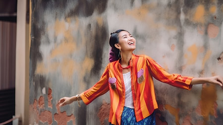 Beautiful asian woman with earphones dancing in the street.の素材