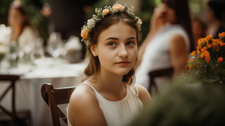 Portrait of a beautiful young girl with flowers in her hair.の素材