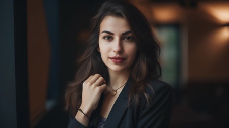 Portrait of a beautiful young brunette woman in a black jacketの素材