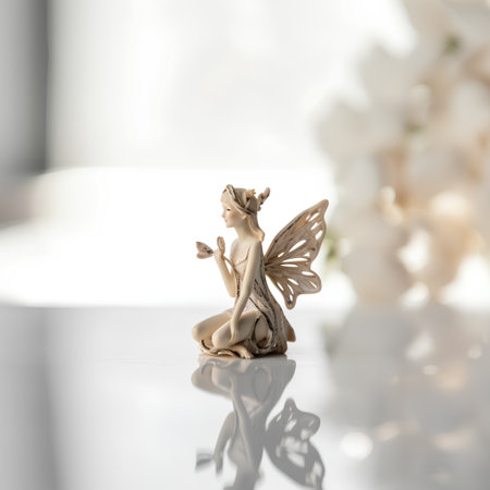 Angel figurine on a white background with a branch of white flowersの素材