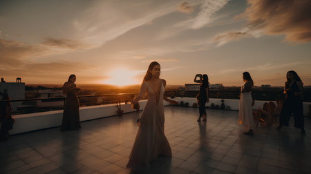 Beautiful girl in a long white dress on the roof at sunsetの素材