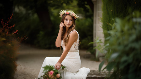 Portrait of a beautiful bride with a wreath of flowers.の素材