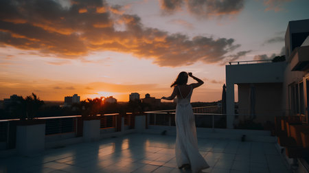 Young beautiful woman in white dress standing on the balcony at sunset.の素材