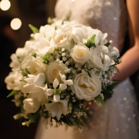 Wedding bouquet of white roses in the hands of the brideの素材