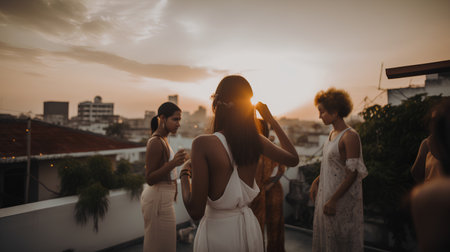 Beautiful young bride with her bridesmaids on the balcony at sunset.の素材