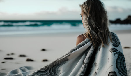 Blonde woman wrapped in a blanket on the beach at sunset.の素材