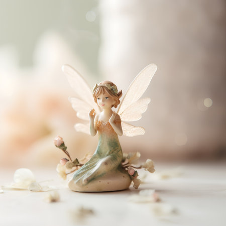 Cute little fairy with flowers on light background. Selective focus.の素材