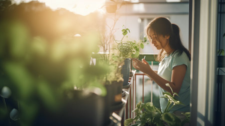 Beautiful asian woman working at home with plants in pots.の素材