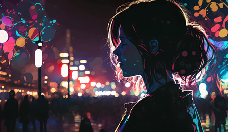 Silhouette of a beautiful girl on the background of the night city.の素材