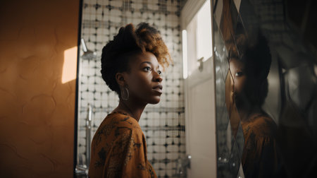 Beautiful african american woman with afro hairstyle in front of the mirrorの素材