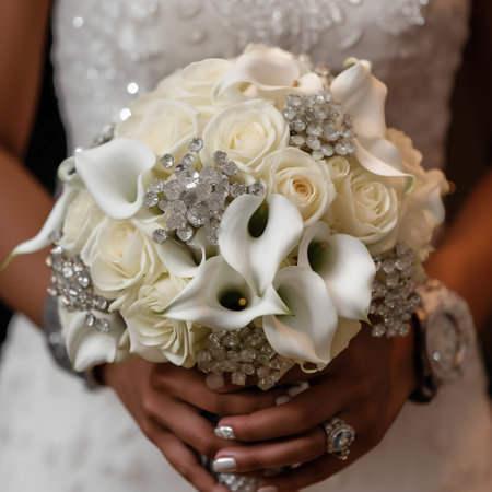 wedding bouquet of white calla lilies in the hands of the brideの素材