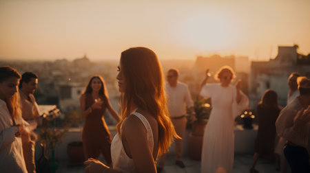 Beautiful girl in a white dress on the background of the sunsetの素材