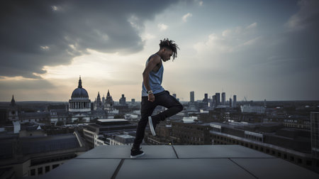 Young man dancing on the roof of a building in London, UKの素材