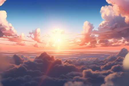 Beautiful sunset above clouds with rays of light. 3d renderの素材