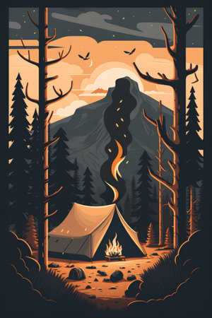 Camping in the woods. Camping in the mountains. Vector illustrationの素材