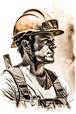 Portrait of an industrial worker wearing a hard hat and overallsの素材