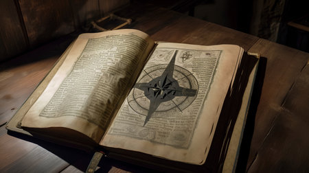 Old book with compass on a wooden table in a dark room.の素材