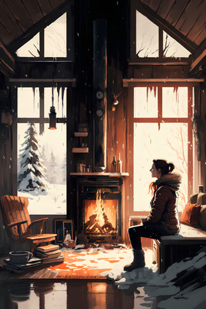 Man sitting in front of fireplace and looking at winter landscape. Toned imageの素材