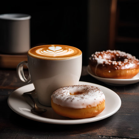 Coffee cup and donuts on wooden table, closeupの素材