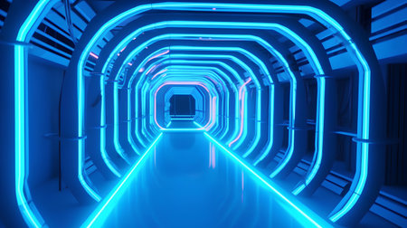 Futuristic corridor with glowing neon lights. 3D rendering.の素材