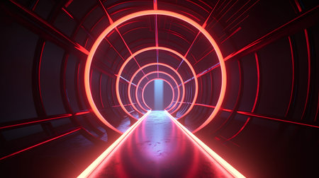 3d illustration of dark corridor with glowing lights in the dark tunnelの素材