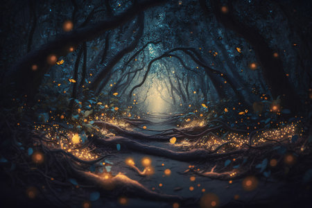 Mysterious dark forest with glowing trees and lights. 3D Renderingの素材