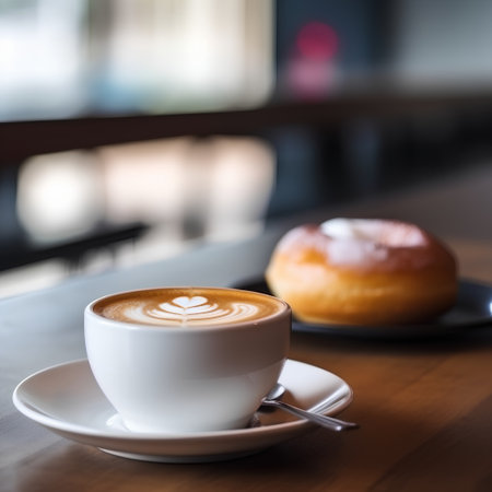 Coffee cup with donut on wooden table in coffee shopの素材