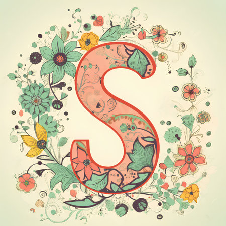 Floral letter S in vintage style. Hand drawn vector illustration.の素材