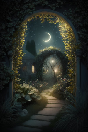 garden at night with full moon, 3d digitally rendered illustrationの素材