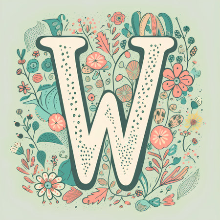 Letter W in doodle style with flowers and leaves. Vector illustration.の素材