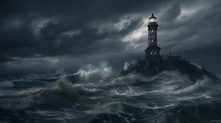 Lighthouse on a stormy day, 3d render illustration.の素材
