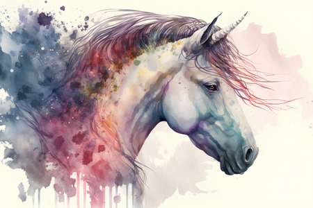 Watercolor portrait of a unicorn on a white background. Digital painting.の素材