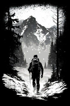 Hiking in the mountains. Vector illustration of a man with a backpack and trekking poles.の素材