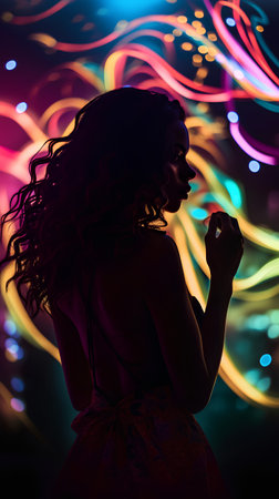 Beautiful young woman with long curly hair posing on the background of colorful lightsの素材