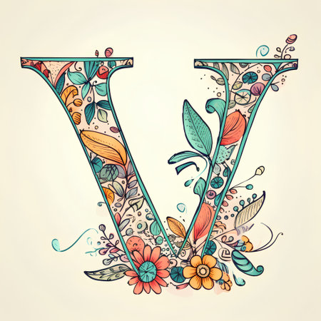 Beautiful letter V with floral ornament. Hand drawn vector illustration.の素材