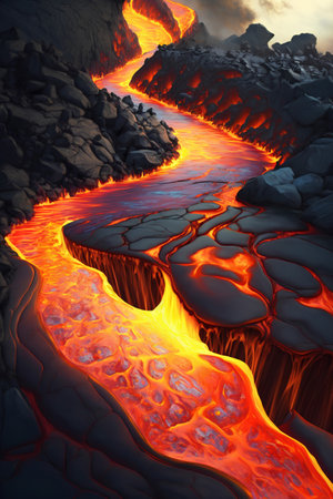 Flaming lava flow in the ocean. 3d illustration.の素材