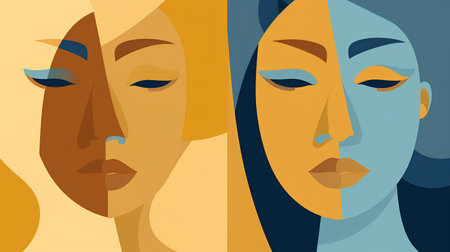 Three faces of beautiful women. Vector illustration in a flat style.の素材